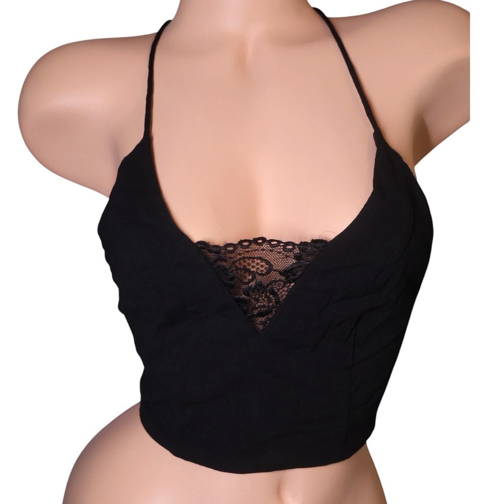 Intimately Free People Black Lace Tie Back Halter Bralette Crop Top XS Y2K NWOT
